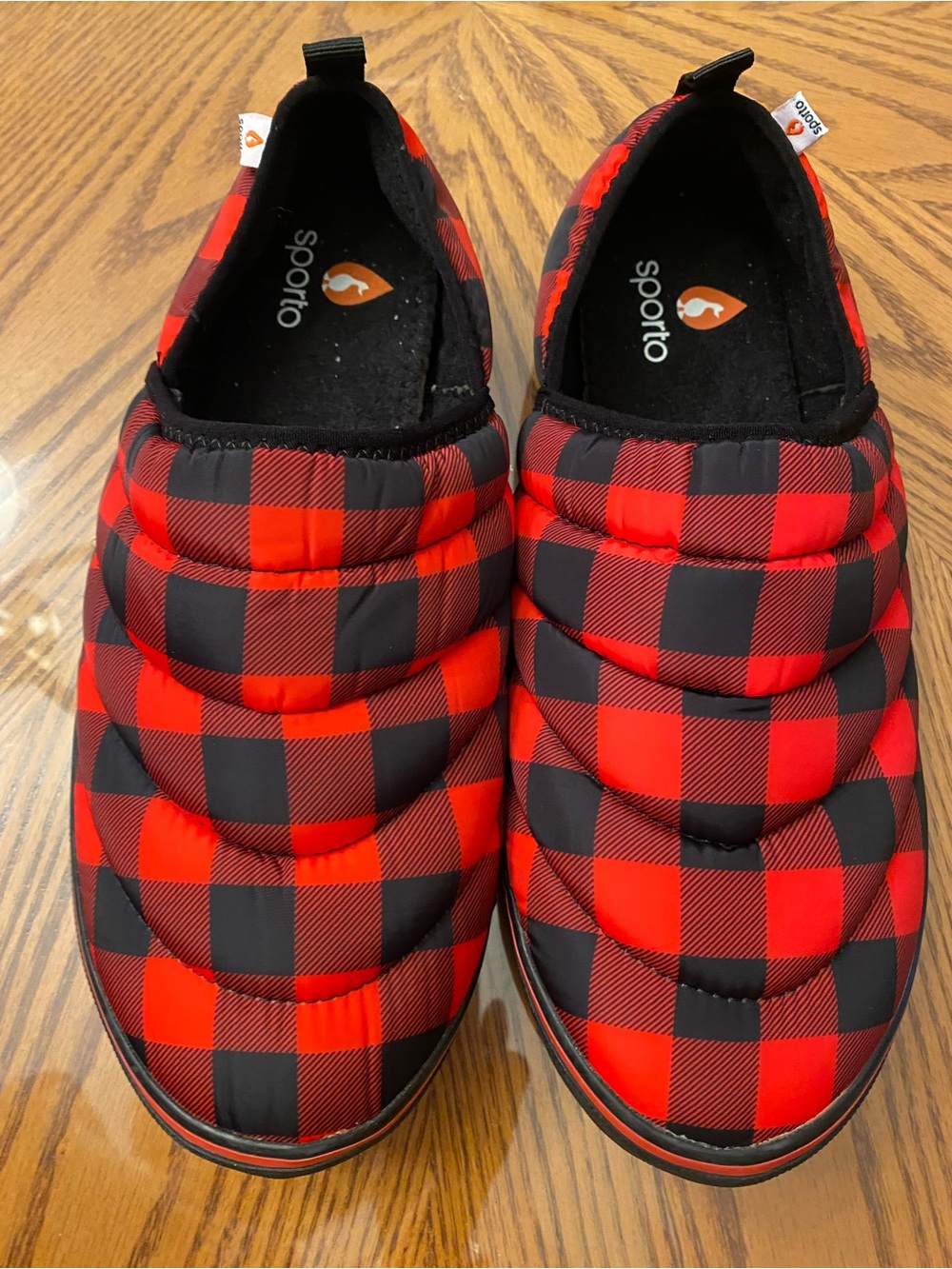 Sporto Red and Black Buffalo Plaid Quilted Slip-On Booties